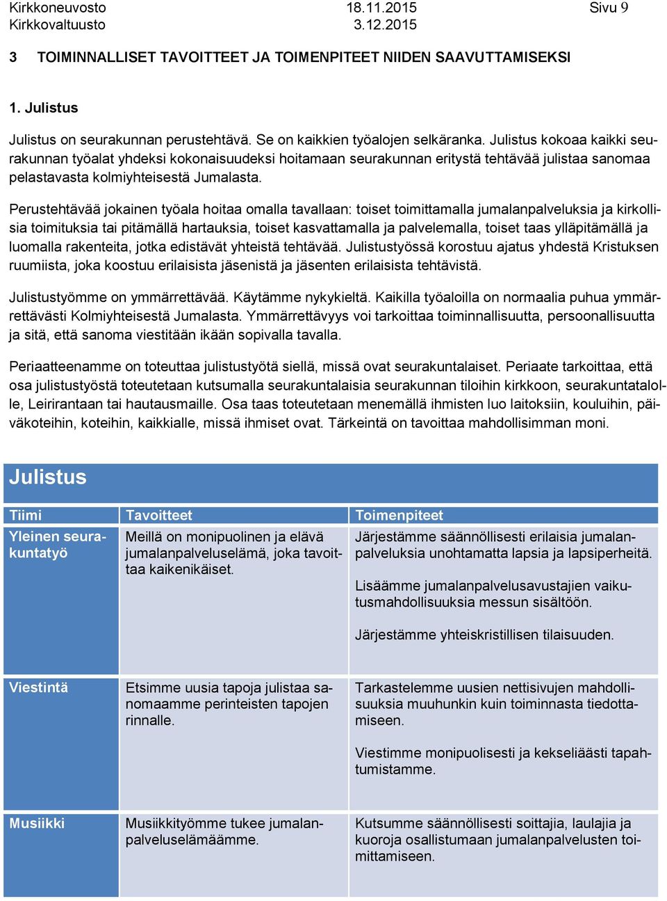 Perustehtävää jokainen työala hoitaa omalla tavallaan: toiset toimittamalla jumalanpalveluksia ja kirkollisia toimituksia tai pitämällä hartauksia, toiset kasvattamalla ja palvelemalla, toiset taas