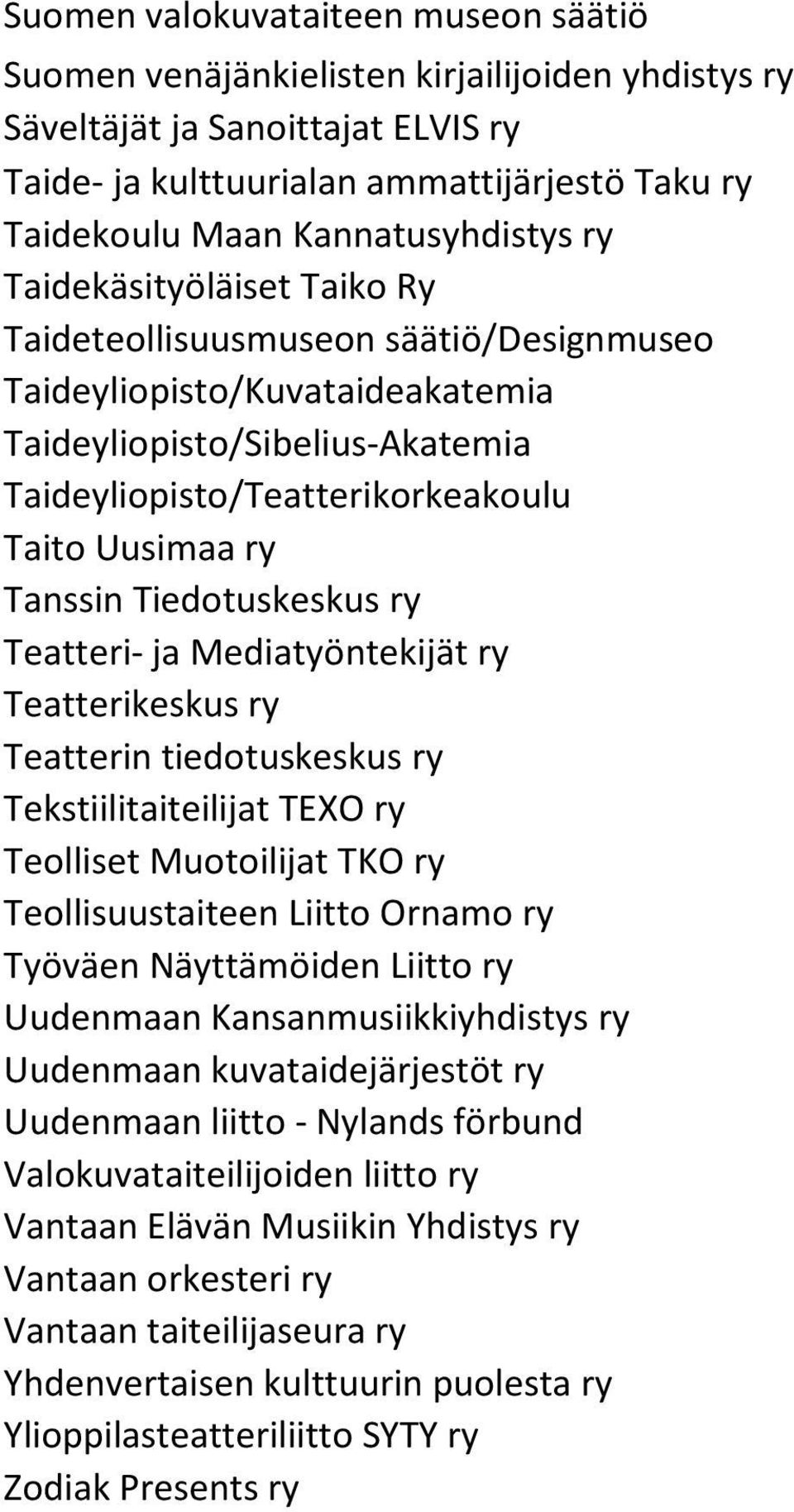 Uusimaa ry Tanssin Tiedotuskeskus ry Teatteri- ja Mediatyöntekijät ry Teatterikeskus ry Teatterin tiedotuskeskus ry Tekstiilitaiteilijat TEXO ry Teolliset Muotoilijat TKO ry Teollisuustaiteen Liitto