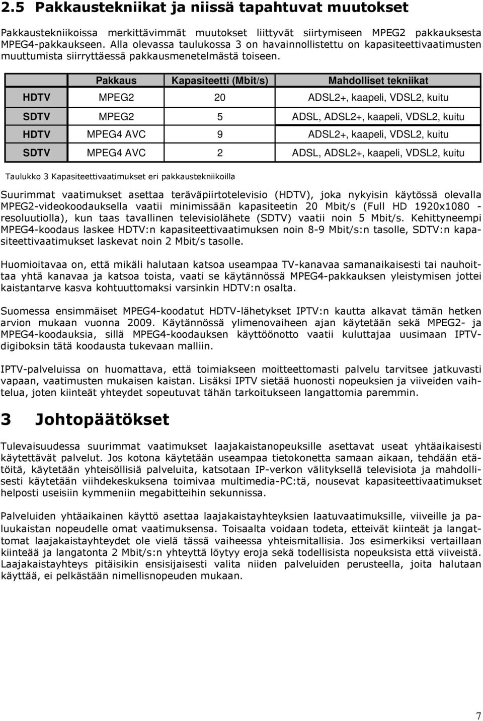 Pakkaus Kapasiteetti (Mbit/s) Mahdolliset tekniikat HDTV MPEG2 20 ADSL2+, kaapeli, VDSL2, kuitu SDTV MPEG2 5 ADSL, ADSL2+, kaapeli, VDSL2, kuitu HDTV MPEG4 AVC 9 ADSL2+, kaapeli, VDSL2, kuitu SDTV