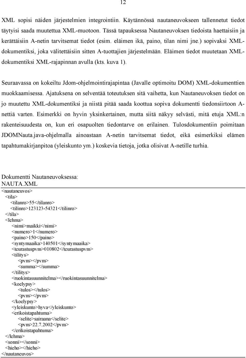 ) sopivaksi XMLdokumentiksi, joka välitettäisiin sitten A-tuottajien järjestelmään. Eläimen tiedot muutetaan XMLdokumentiksi XML-rajapinnan avulla (kts. kuva 1).
