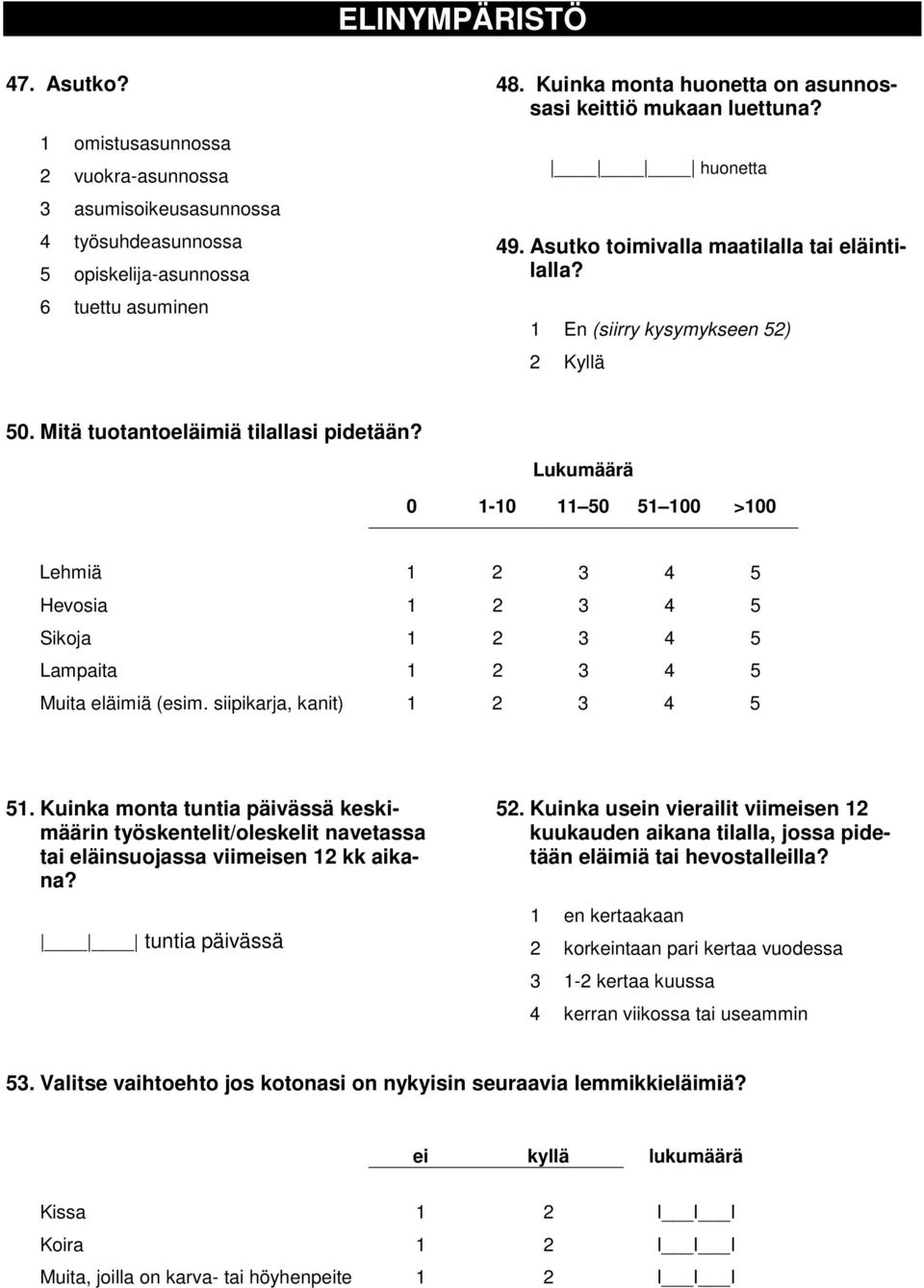 Mitä tuotantoeläimiä tilallasi pidetään? Lukumäärä 0 1-10 11 50 51 100 >100 Lehmiä 1 2 3 4 5 Hevosia 1 2 3 4 5 Sikoja 1 2 3 4 5 Lampaita 1 2 3 4 5 Muita eläimiä (esim. siipikarja, kanit) 1 2 3 4 5 51.