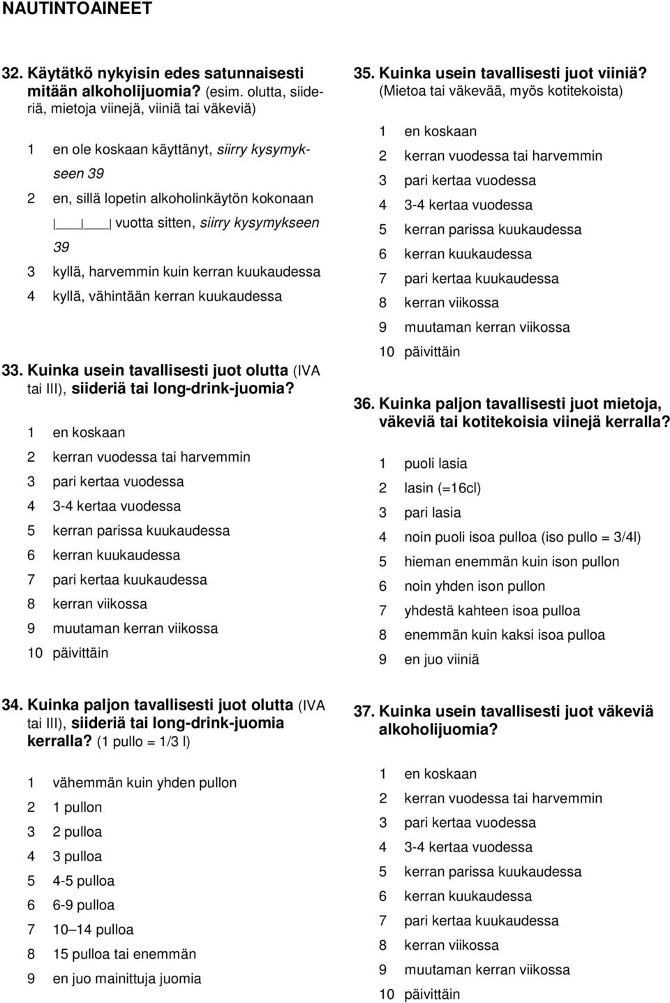 harvemmin kuin kerran kuukaudessa 4 kyllä, vähintään kerran kuukaudessa 33. Kuinka usein tavallisesti juot olutta (IVA tai III), siideriä tai long-drink-juomia?