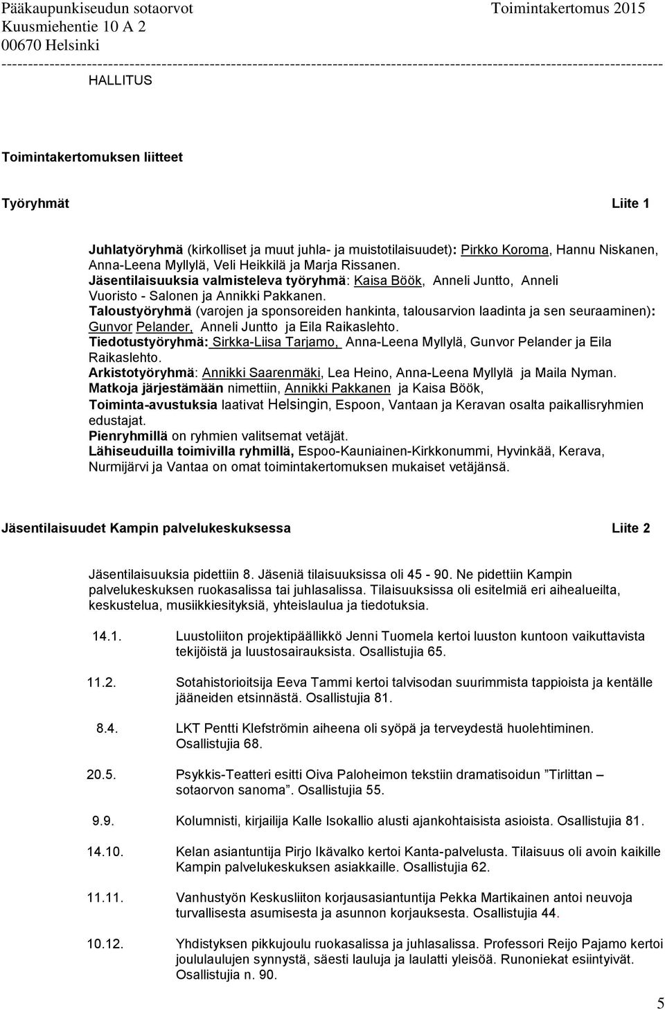 Taloustyöryhmä (varojen ja sponsoreiden hankinta, talousarvion laadinta ja sen seuraaminen): Gunvor Pelander, Anneli Juntto ja Eila Raikaslehto.