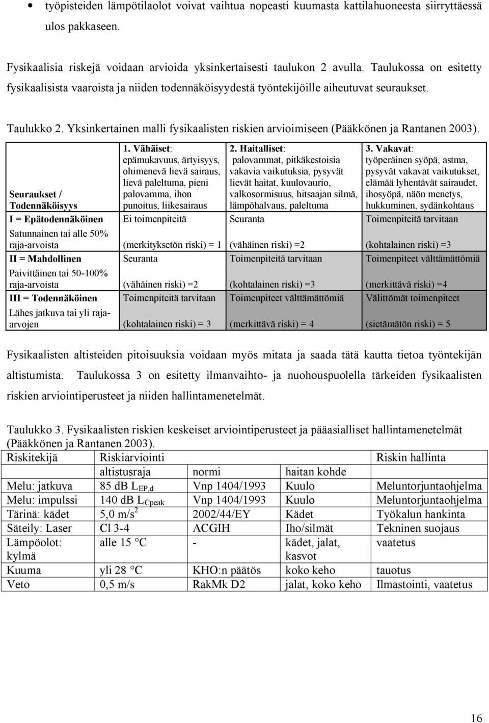 Yksinkertainen malli fysikaalisten riskien arvioimiseen (Pääkkönen ja Rantanen 2003). Seuraukset / Todennäköisyys 1.