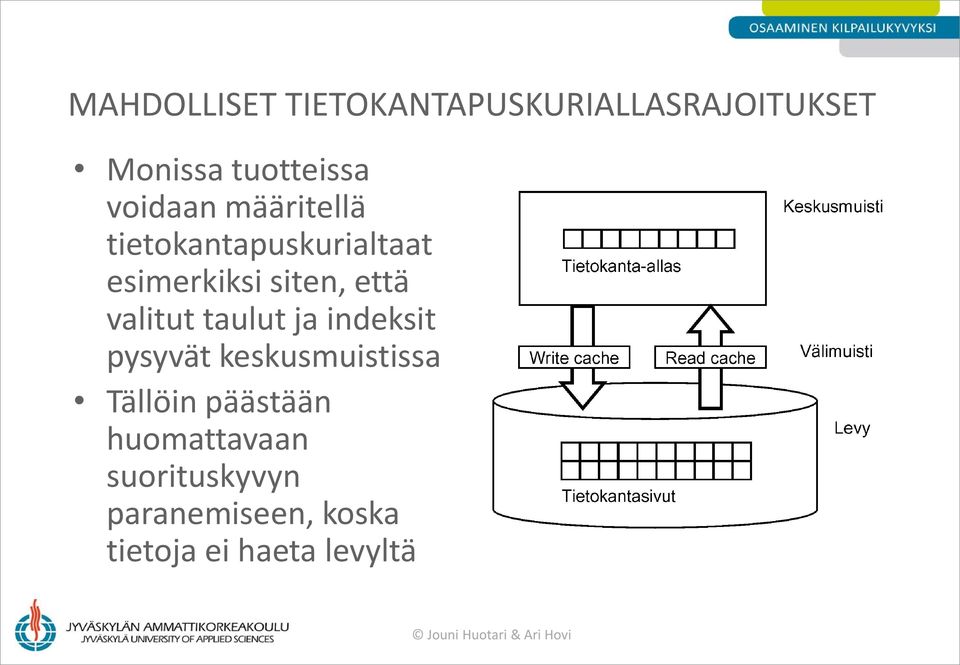 valitut taulut ja indeksit pysyvät keskusmuistissa Tällöin päästään