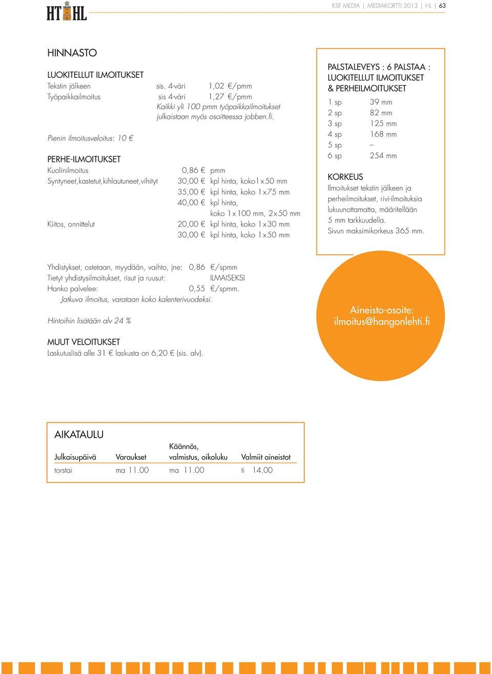 Pienin ilmoitusveloitus: 10 PERHE-Ilmoitukset Kuolinilmoitus Syntyneet,kastetut,kihlautuneet,vihityt Kiitos, onnittelut 0,86 pmm 30,00 kpl hinta, koko1 x 50 mm 35,00 kpl hinta, koko 1 x 75 mm 40,00