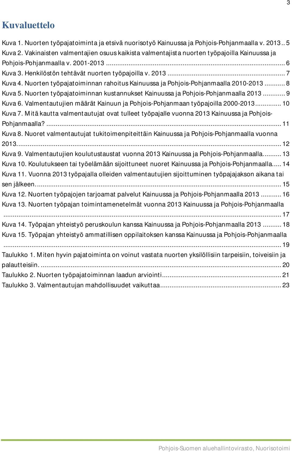 Nuorten työpajatoiminnan rahoitus Kainuussa ja Pohjois-Pohjanmaalla 2010-2013... 8 Kuva 5. Nuorten työpajatoiminnan kustannukset Kainuussa ja Pohjois-Pohjanmaalla 2013... 9 Kuva 6.