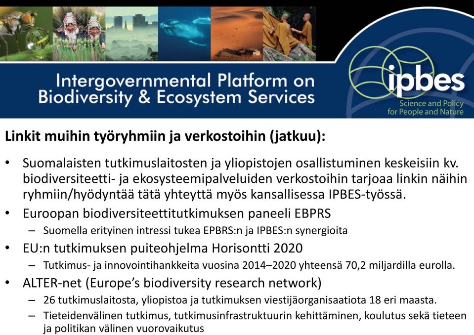 Euroopan biodiversiteettitutkimuksen paneeli EBPRS Suomella erityinen intressi tukea EPBRS:n ja IPBES:n synergioita EU:n tutkimuksen puiteohjelma Horisontti 2020 Tutkimus- ja innovointihankkeita