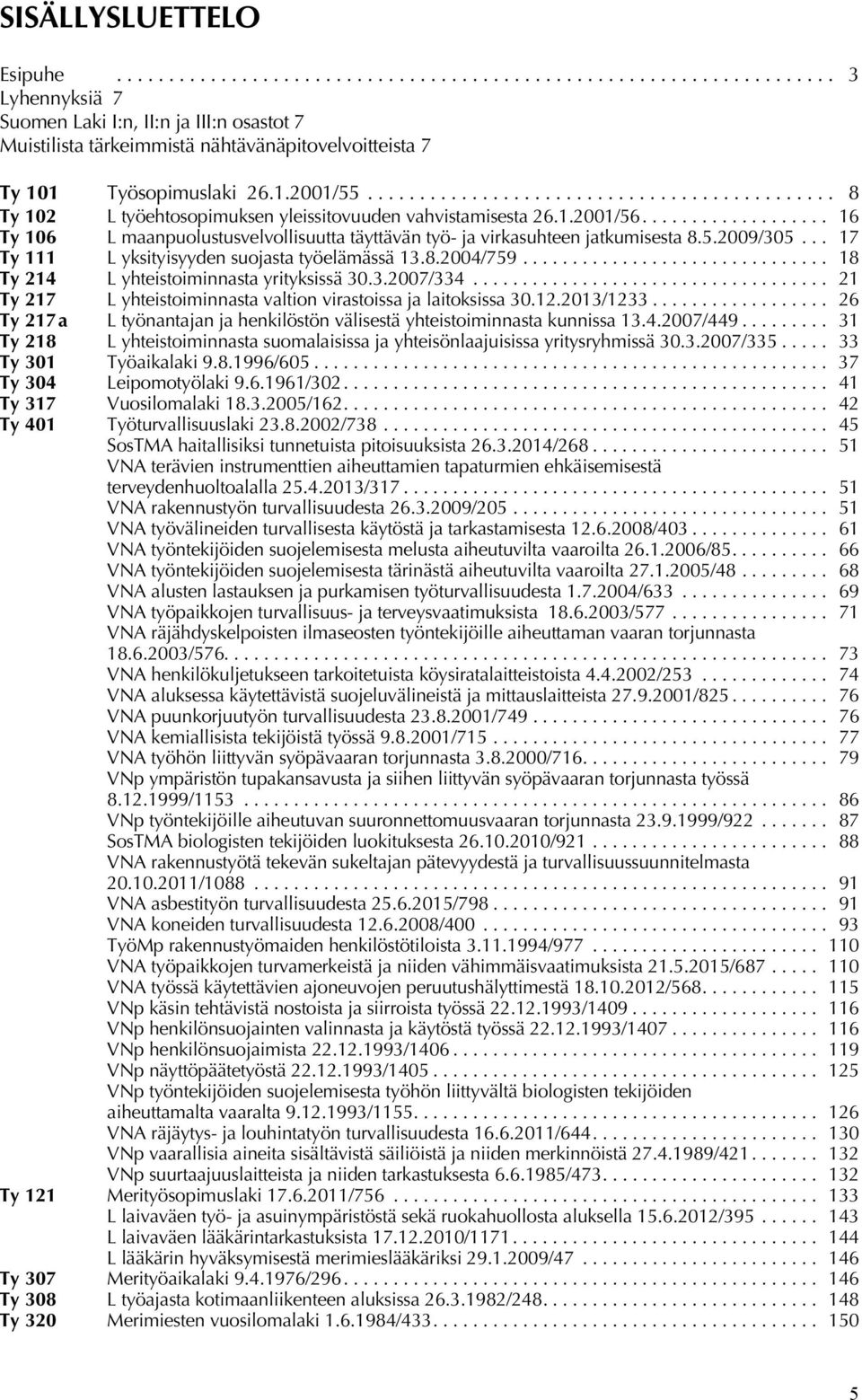 .................. 16 Ty 106 L maanpuolustusvelvollisuutta täyttävän työ- ja virkasuhteen jatkumisesta 8.5.2009/305... 17 Ty 111 L yksityisyyden suojasta työelämässä 13.8.2004/759.