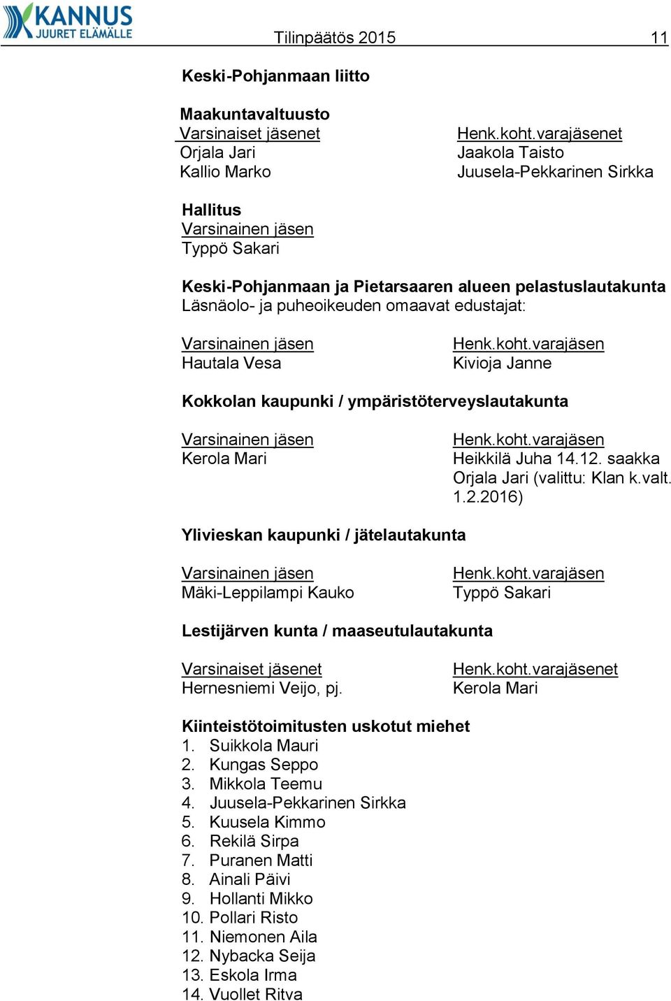 Varsinainen jäsen Hautala Vesa Henk.koht.varajäsen Kivioja Janne Kokkolan kaupunki / ympäristöterveyslautakunta Varsinainen jäsen Kerola Mari Henk.koht.varajäsen Heikkilä Juha 14.12.