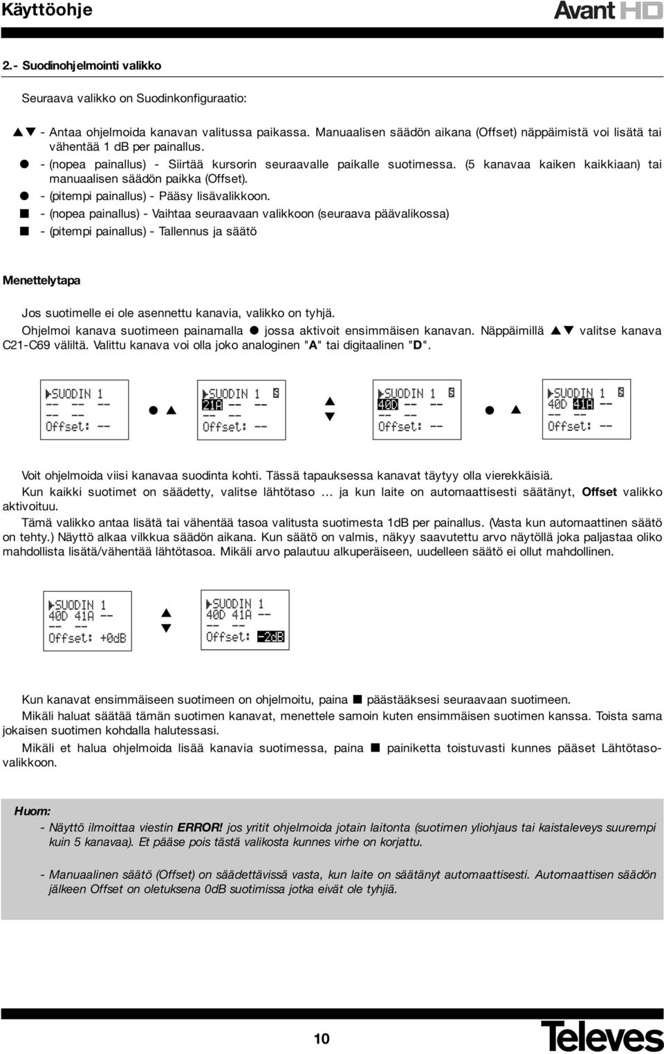 (5 kanavaa kaiken kaikkiaan) tai manuaalisen säädön paikka (Offset). - (pitempi painallus) - Pääsy lisävalikkoon.