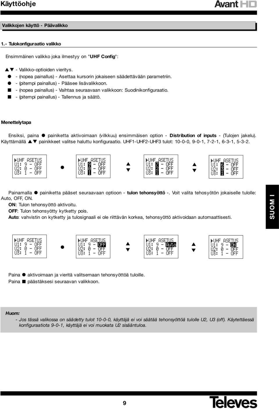 - (pitempi painallus) - Tallennus ja säätö. Menettelytapa Ensiksi, paina painiketta aktivoimaan (vilkkuu) ensimmäisen option - Distribution of inputs - (Tulojen jakelu).