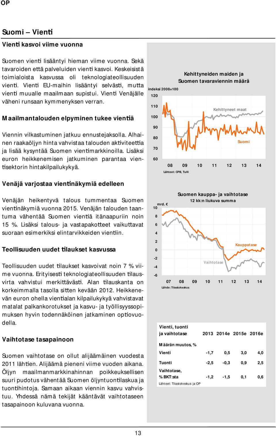 Maailmantalouden elpyminen tukee vien ä Viennin vilkastuminen jatkuu ennustejaksolla. Alhainen raakaöljyn hinta vahvistaa talouden ak vitee a ja lisää kysyntää Suomen vien markkinoilla.