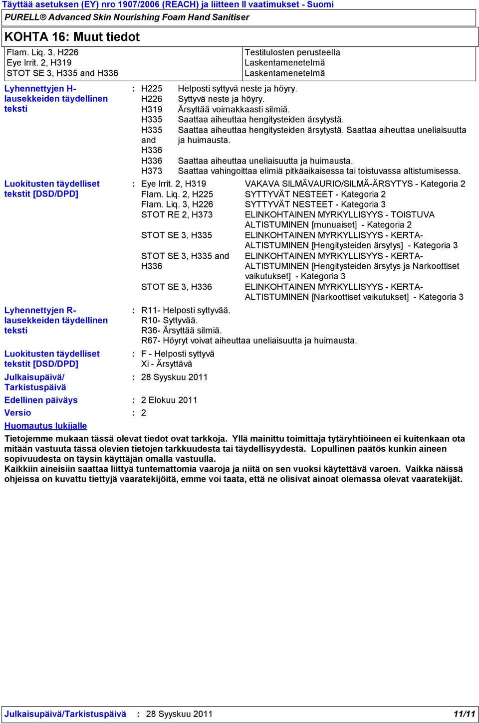 tekstit [DSD/DPD] Julkaisupäivä/ Tarkistuspäivä Edellinen päiväys Versio Huomautus lukijalle H225 H226 H319 H335 H335 and H336 H336 H373 R11 Helposti syttyvää. R10 Syttyvää. R36 Ärsyttää silmiä.