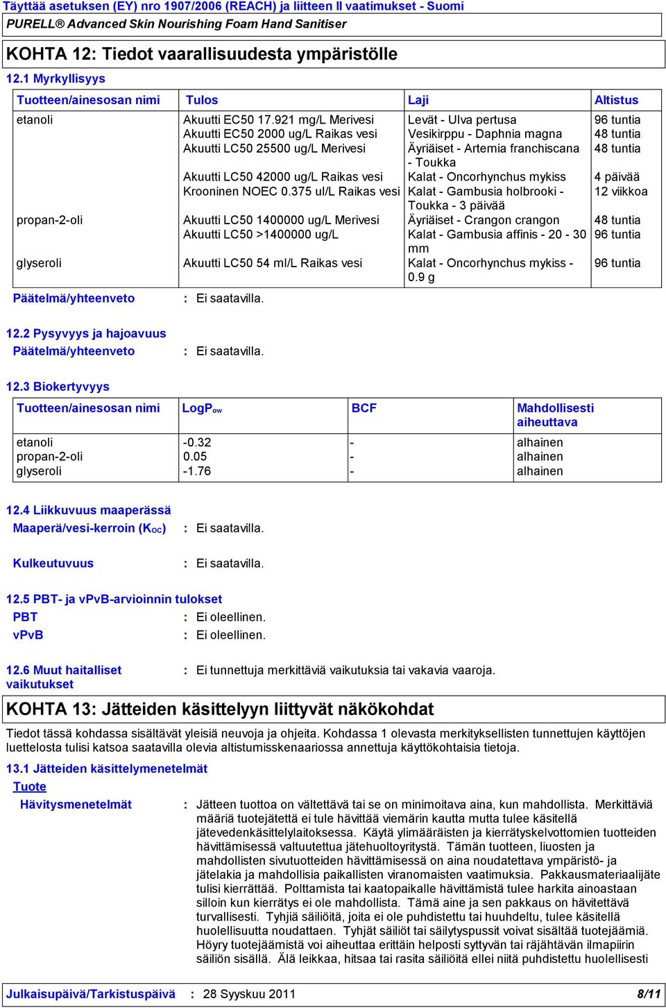 Akuutti LC50 42000 ug/l Raikas vesi Kalat Oncorhynchus mykiss 4 päivää Krooninen NOEC 0.