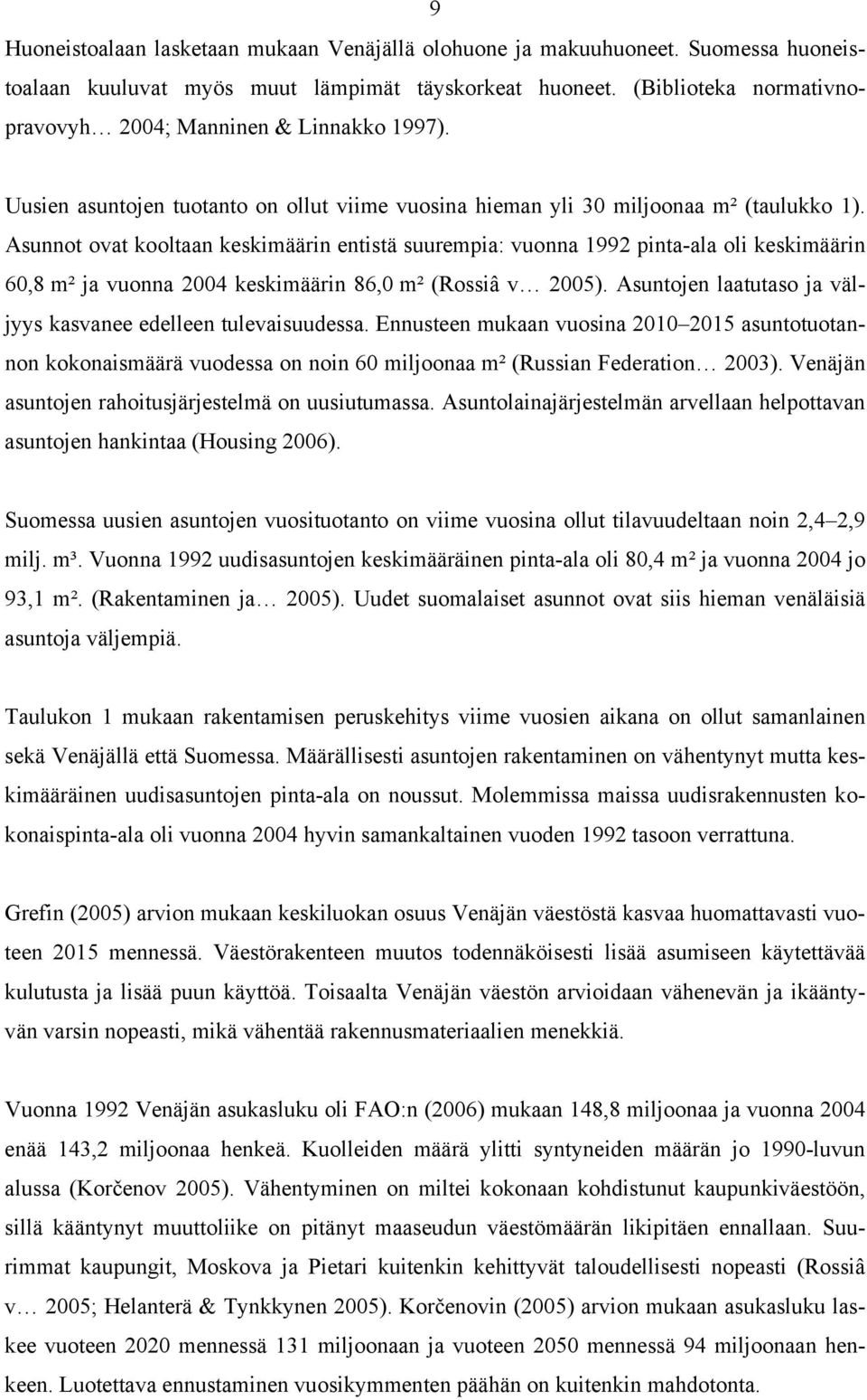 Asunnot ovat kooltaan keskimäärin entistä suurempia: vuonna 1992 pinta-ala oli keskimäärin 60,8 m² ja vuonna 2004 keskimäärin 86,0 m² (Rossiâ v 2005).