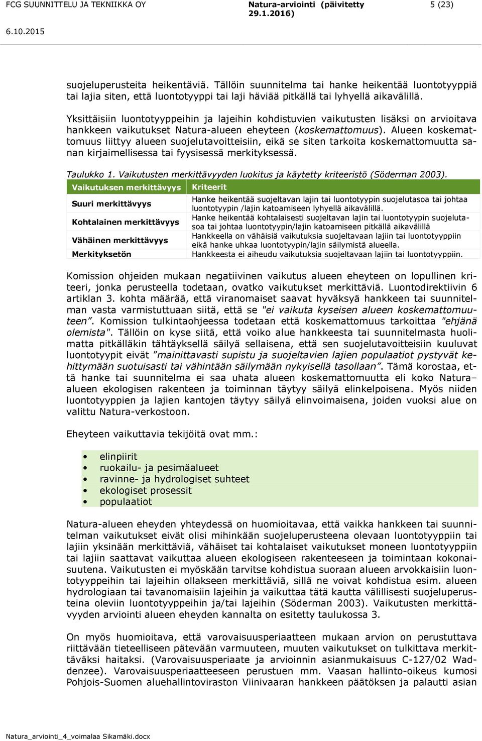 Yksittäisiin luontotyyppeihin ja lajeihin kohdistuvien vaikutusten lisäksi on arvioitava hankkeen vaikutukset Natura-alueen eheyteen (koskemattomuus).