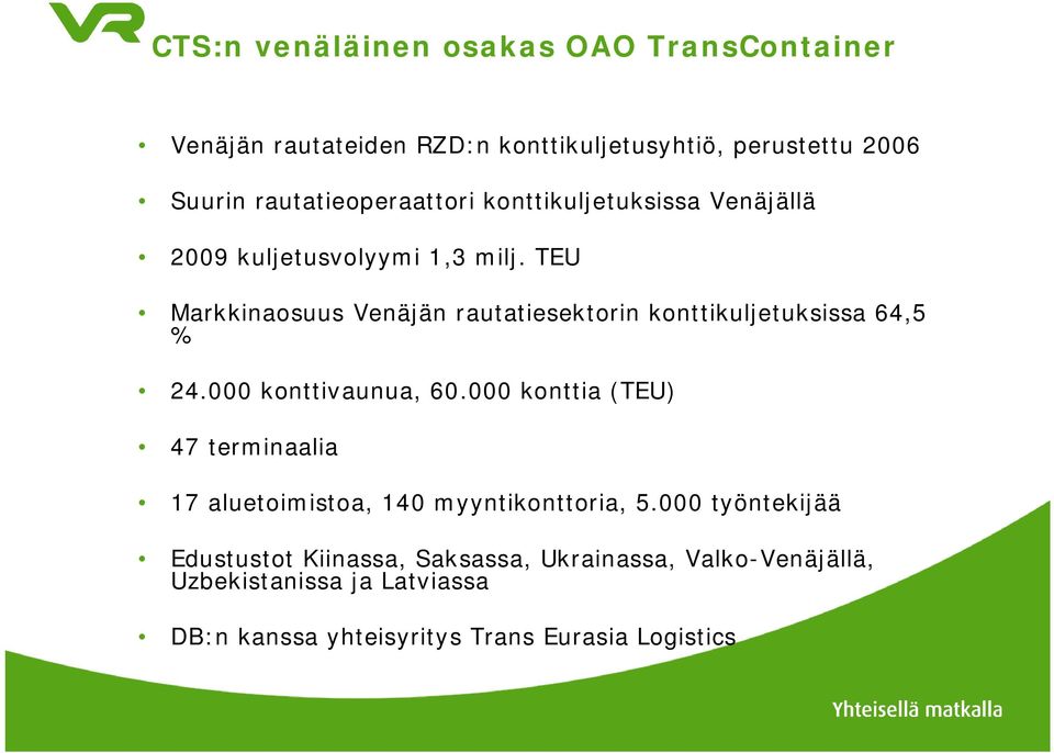 TEU Markkinaosuus Venäjän rautatiesektorin konttikuljetuksissa 64,5 % 24.000 konttivaunua, 60.