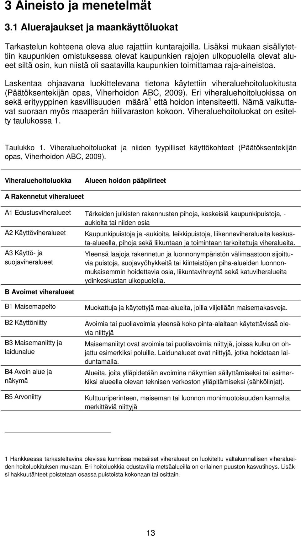 Laskentaa ohjaavana luokittelevana tietona käytettiin viheraluehoitoluokitusta (Päätöksentekijän opas, Viherhoidon ABC, 2009).