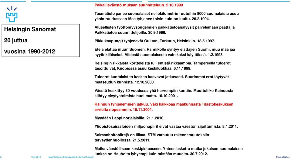 Pikkukaupungit tyhjenevät Ouluun, Turkuun, Helsinkiin. 18.5.1997. Etelä elättää muun Suomen. Rannikolle syntyy elättäjien Suomi, muu maa jää syytinkiläiseksi.