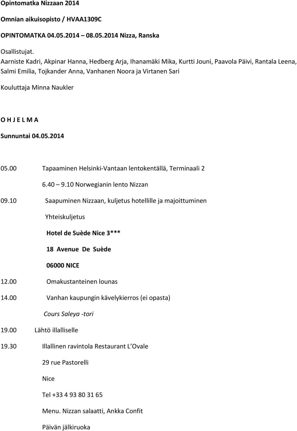 L M A Sunnuntai 04.05.2014 05.00 Tapaaminen Helsinki Vantaan lentokentällä, Terminaali 2 6.40 9.10 Norwegianin lento Nizzan 09.