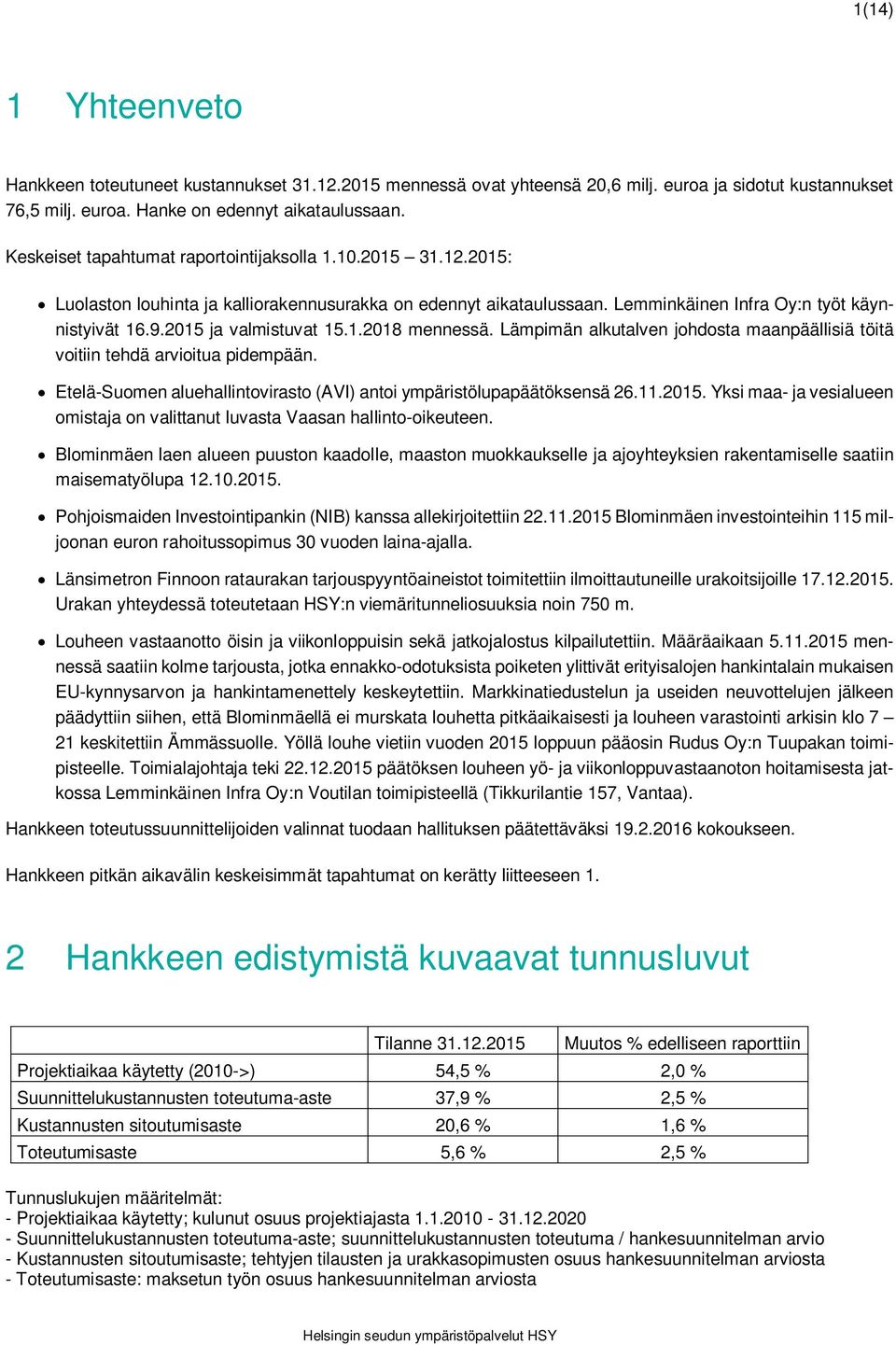 2015 ja valmistuvat 15.1.2018 mennessä. Lämpimän alkutalven johdosta maanpäällisiä töitä voitiin tehdä arvioitua pidempään. Etelä-Suomen aluehallintovirasto (AVI) antoi ympäristölupapäätöksensä 26.11.