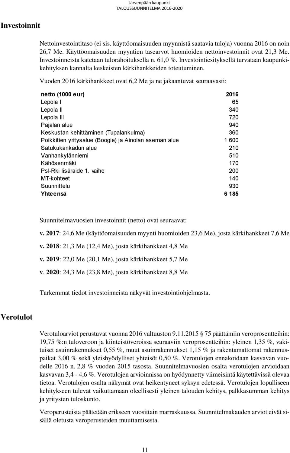 Vuoden 2016 kärkihankkeet ovat 6,2 Me ja ne jakaantuvat seuraavasti: netto (1000 eur) 2016 Lepola I 65 Lepola II 340 Lepola III 720 Pajalan alue 940 Keskustan kehittäminen (Tupalankulma) 360