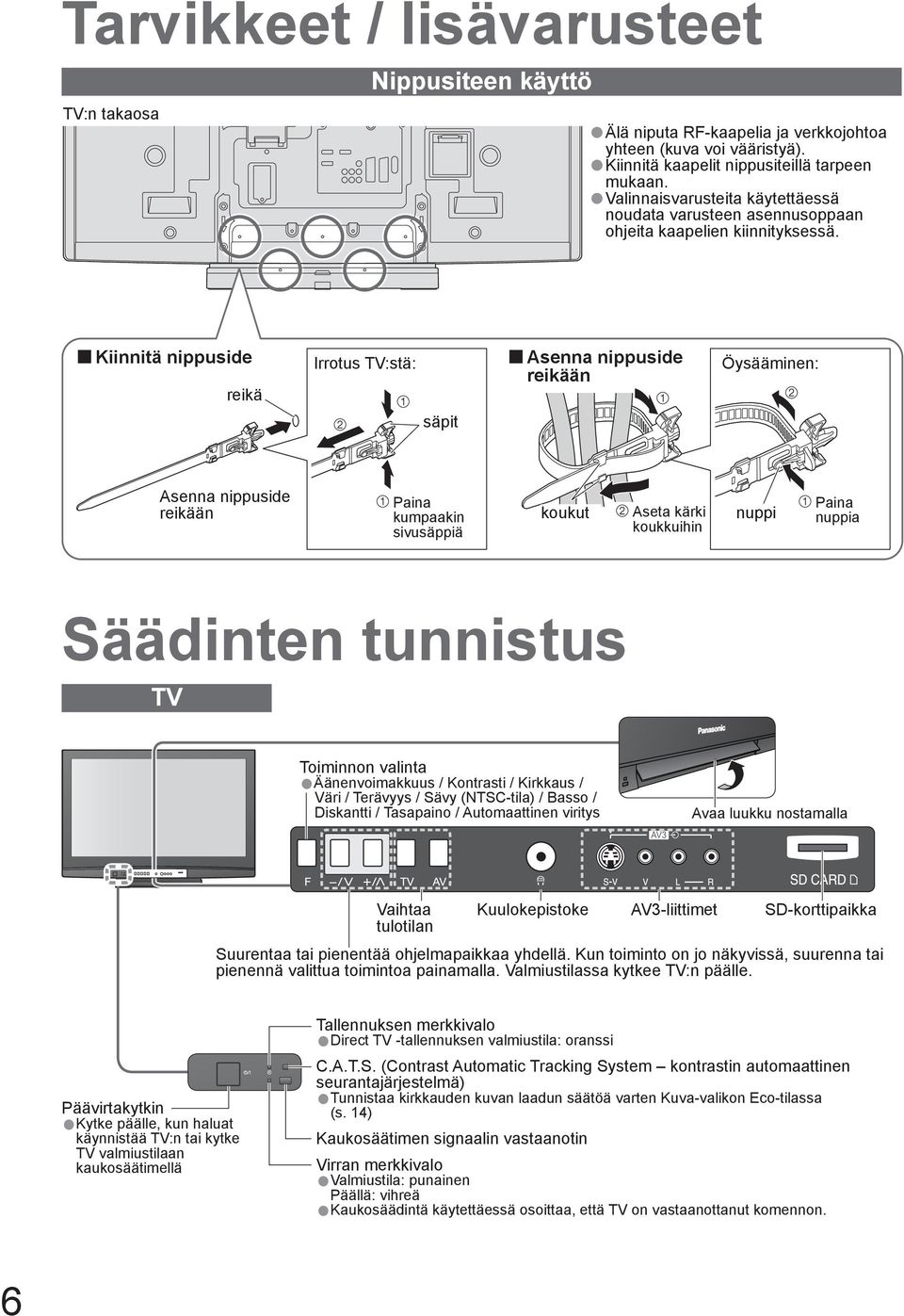 Kiinnitä nippuside reikä Irrotus TV:stä: Asenna nippuside reikään Öysääminen: säpit Asenna nippuside reikään Paina kumpaakin sivusäppiä koukut Aseta kärki koukkuihin nuppi Paina nuppia Säädinten