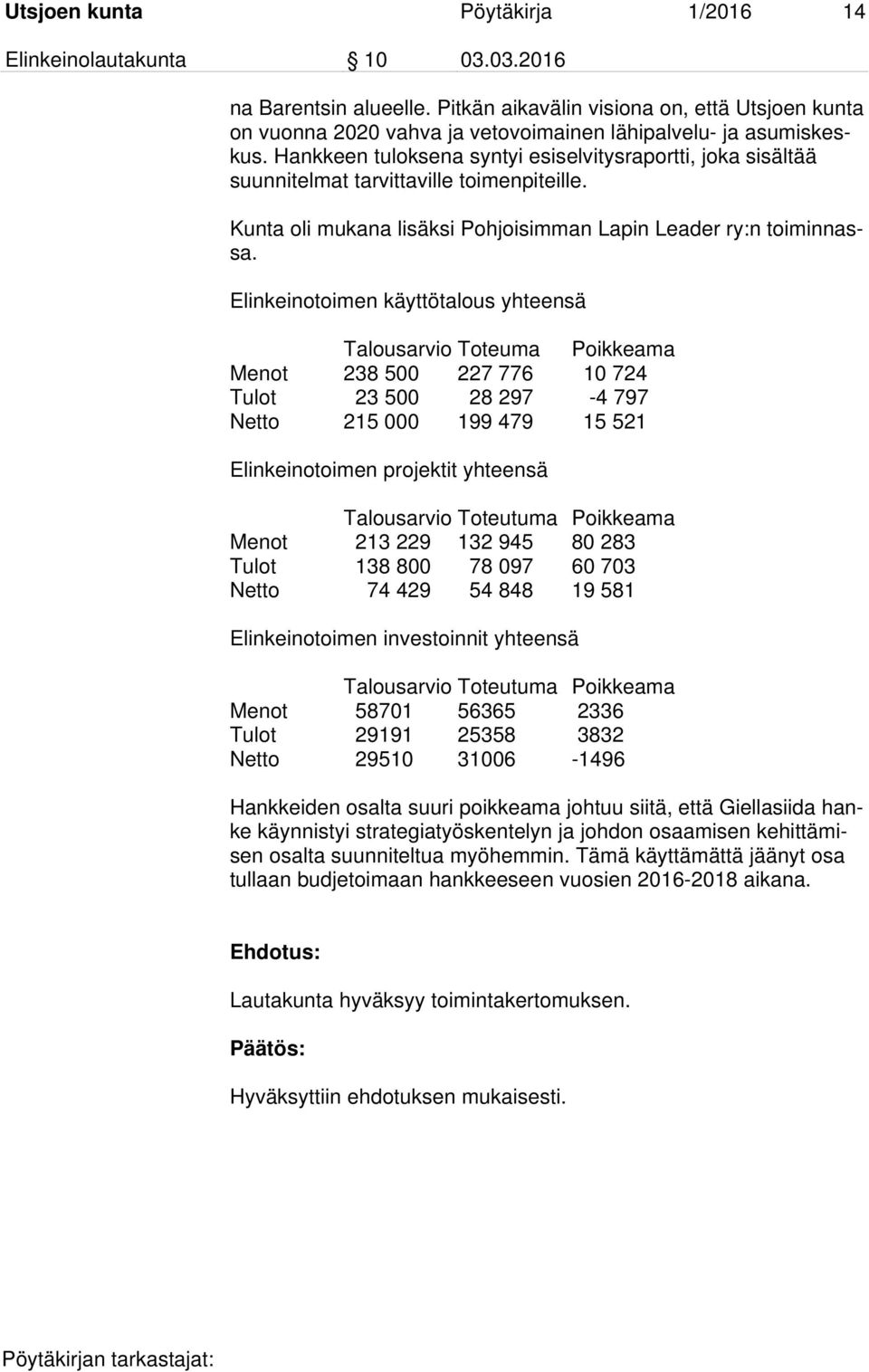 Hankkeen tuloksena syntyi esiselvitysraportti, joka sisältää suunnitelmat tarvittaville toimenpiteille. Kunta oli mukana lisäksi Pohjoisimman Lapin Leader ry:n toiminnassa.