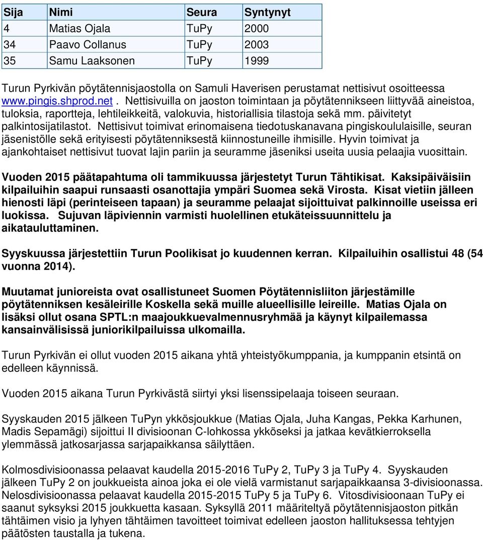 päivitetyt palkintosijatilastot. Nettisivut toimivat erinomaisena tiedotuskanavana pingiskoululaisille, seuran jäsenistölle sekä erityisesti pöytätenniksestä kiinnostuneille ihmisille.