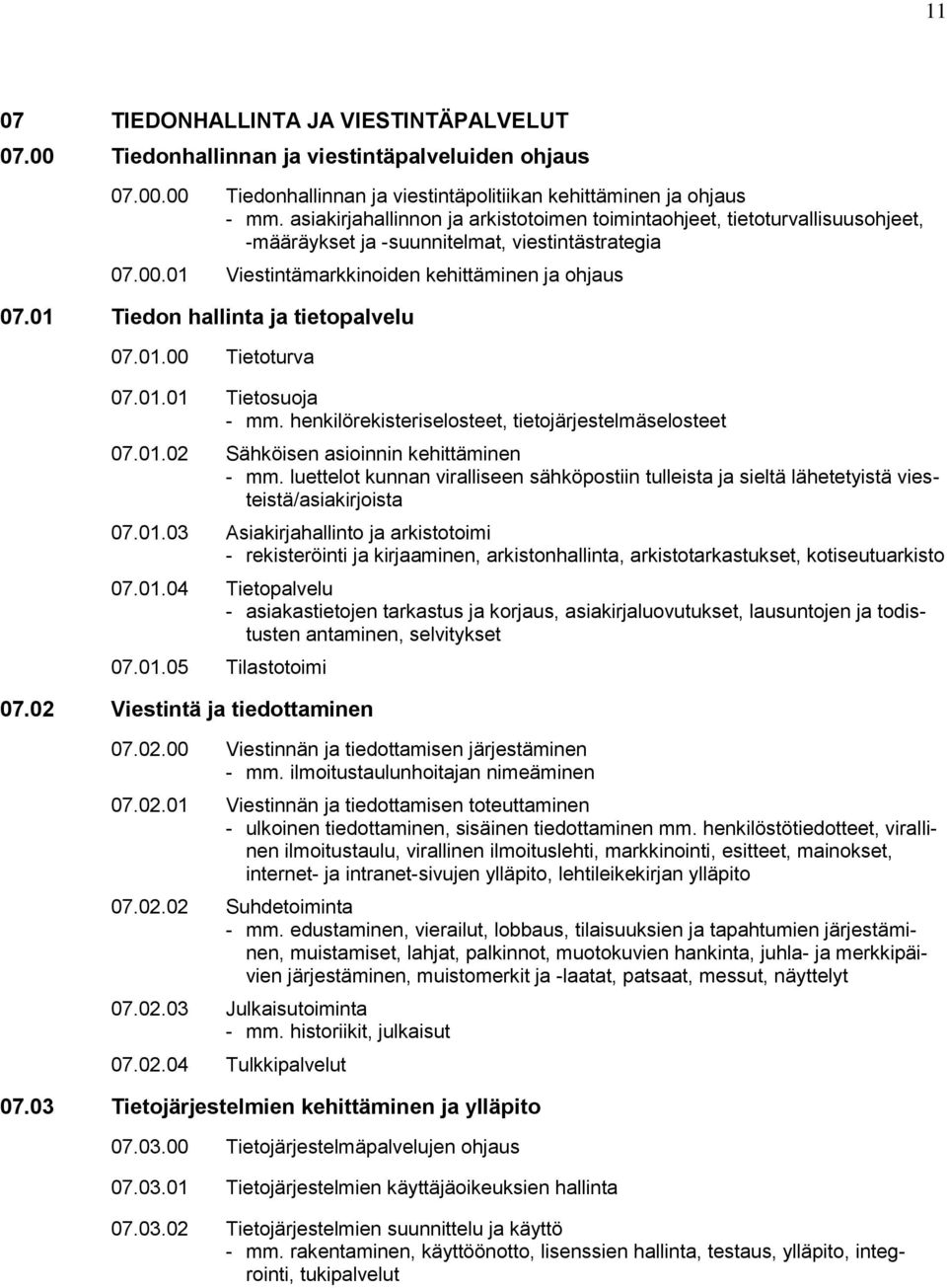 01 Tiedon hallinta ja tietopalvelu 07.01.00 Tietoturva 07.01.01 Tietosuoja - mm. henkilörekisteriselosteet, tietojärjestelmäselosteet 07.01.02 Sähköisen asioinnin kehittäminen - mm.