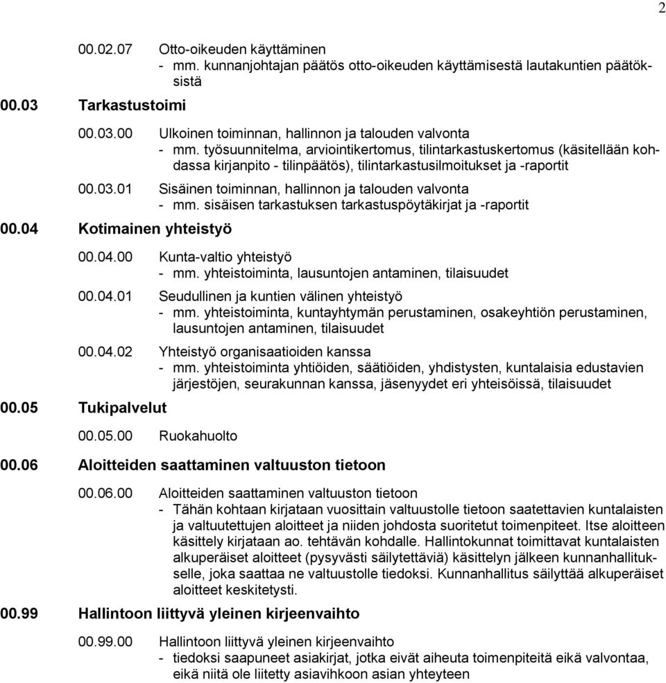 01 Sisäinen toiminnan, hallinnon ja talouden valvonta - mm. sisäisen tarkastuksen tarkastuspöytäkirjat ja -raportit 00.04 Kotimainen yhteistyö 00.04.00 Kunta-valtio yhteistyö - mm.