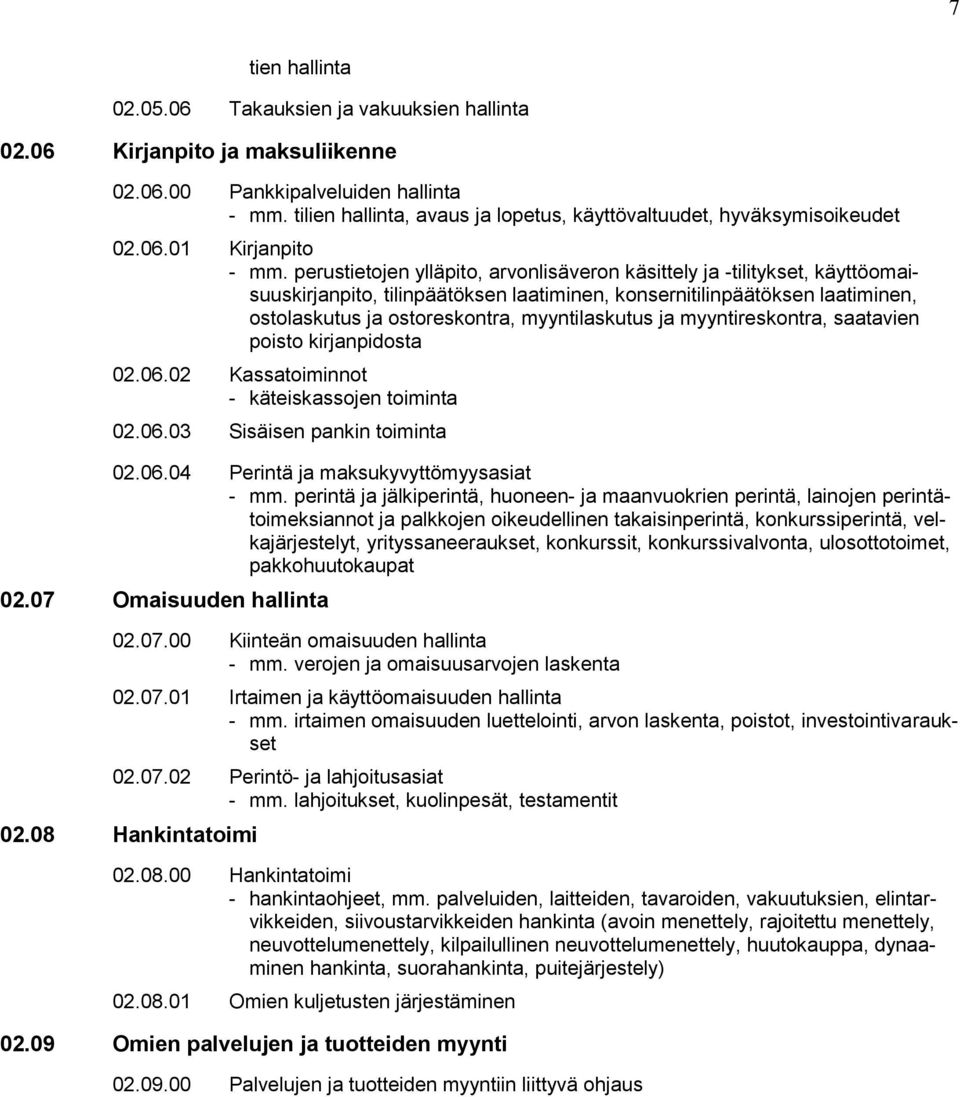 perustietojen ylläpito, arvonlisäveron käsittely ja -tilitykset, käyttöomaisuuskirjanpito, tilinpäätöksen laatiminen, konsernitilinpäätöksen laatiminen, ostolaskutus ja ostoreskontra, myyntilaskutus