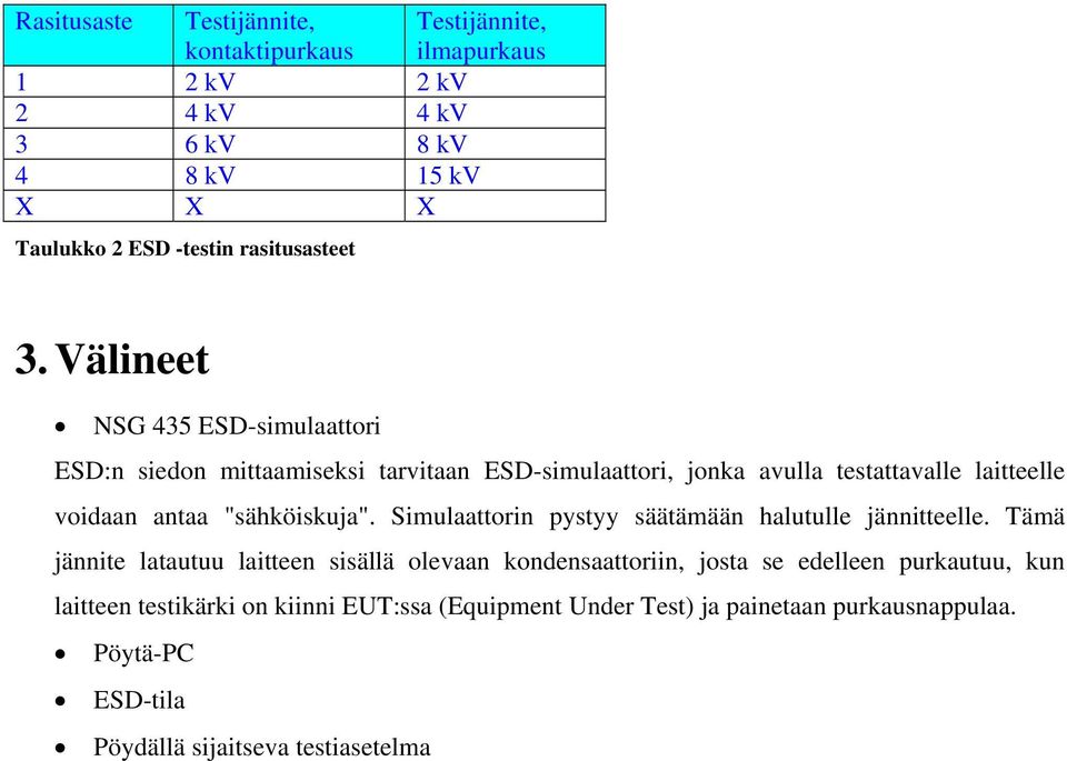 Välineet NSG 435 ESD-simulaattori ESD:n siedon mittaamiseksi tarvitaan ESD-simulaattori, jonka avulla testattavalle laitteelle voidaan antaa