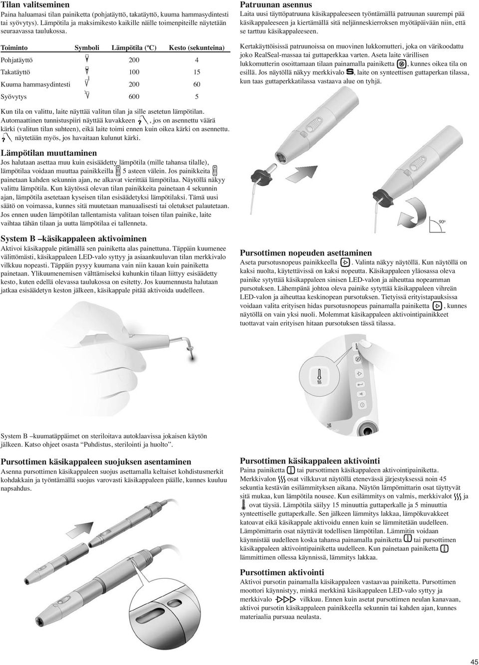 Toiminto Symboli Lämpötila (ºC) Kesto (sekunteina) Pohjatäyttö 200 4 Takatäyttö 100 15 Kuuma hammasydintesti 200 60 Syövytys 600 5 Kun tila on valittu, laite näyttää valitun tilan ja sille asetetun