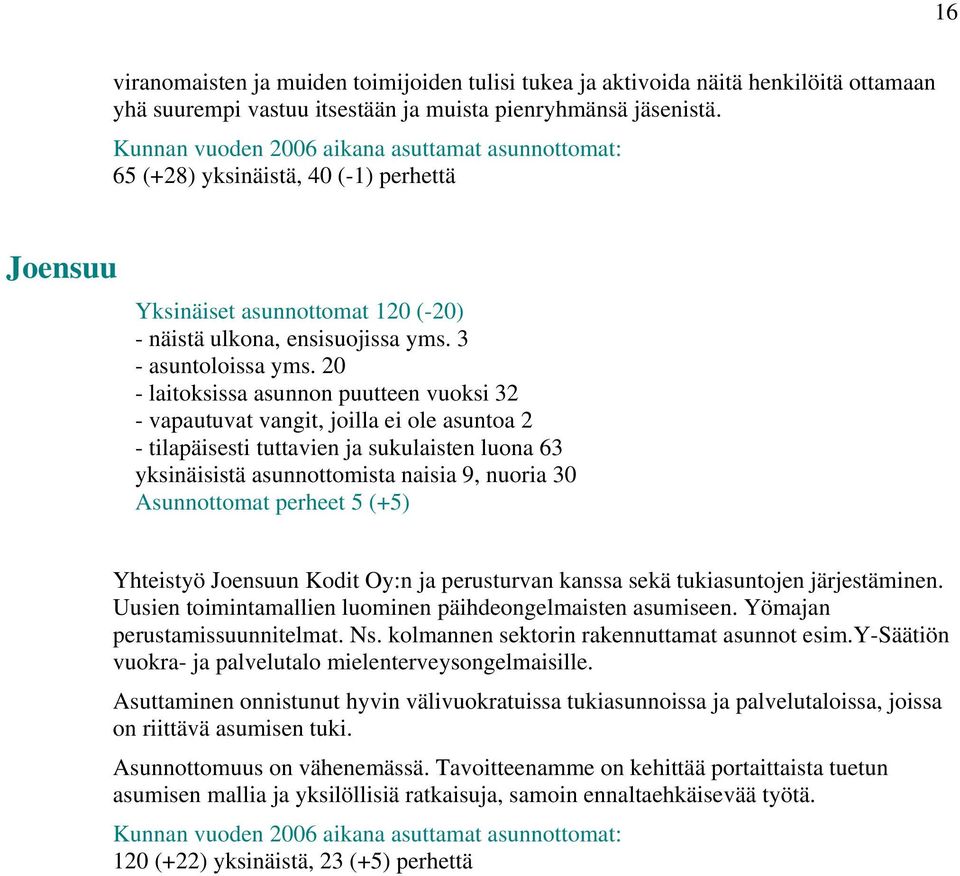 20 - laitoksissa asunnon puutteen vuoksi 32 - vapautuvat vangit, joilla ei ole asuntoa 2 - tilapäisesti tuttavien ja sukulaisten luona 63 yksinäisistä asunnottomista naisia 9, nuoria 30 Asunnottomat