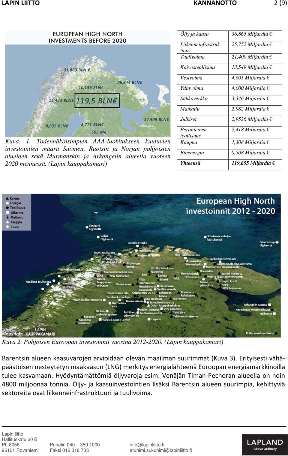 (Lapin kauppakamari) Liikenneinfrastruktuuri 25,752 Miljardia Tuulivoima 21,400 Miljardia Kaivosteollisuus 13,549 Miljardia Vesivoima 4,601 Miljardia Ydinvoima 4,000 Miljardia Sähköverkko 3,346