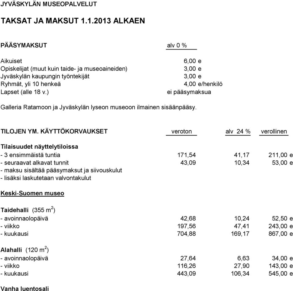 ) 6,00 e 3,00 e 3,00 e 4,00 e/henkilö ei pääsymaksua Galleria Ratamoon ja Jyväskylän lyseon museoon ilmainen sisäänpääsy. TILOJEN YM.