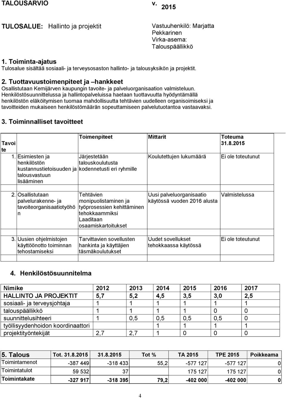 Tuottavuustoimenpiteet ja hankkeet Osallistutaan Kemijärven kaupungin tavoite- ja palveluorganisaation valmisteluun.