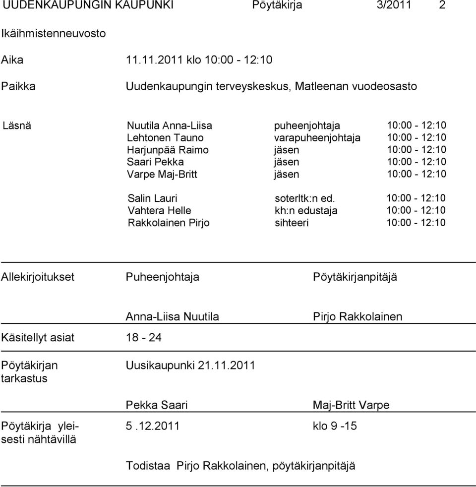 11.2011 klo 10:00-12:10 Paikka Uudenkaupungin terveyskeskus, Matleenan vuodeosasto Läsnä Nuutila Anna-Liisa puheenjohtaja 10:00-12:10 Lehtonen Tauno varapuheenjohtaja 10:00-12:10