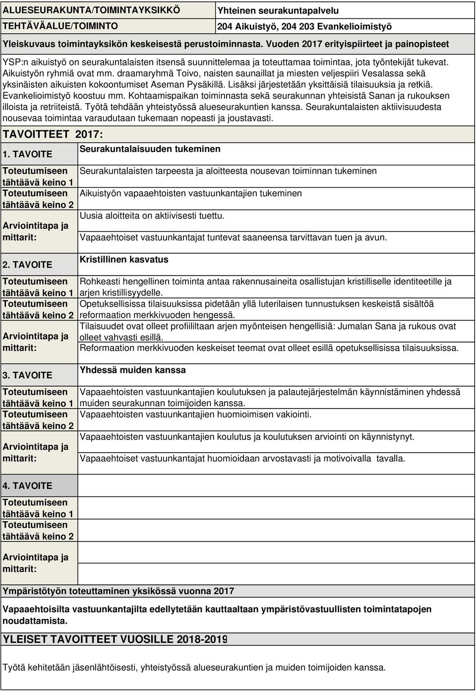 draamaryhmä Toivo, naisten saunaillat ja miesten veljespiiri Vesalassa sekä yksinäisten aikuisten kokoontumiset Aseman Pysäkillä. Lisäksi järjestetään yksittäisiä tilaisuuksia ja retkiä.