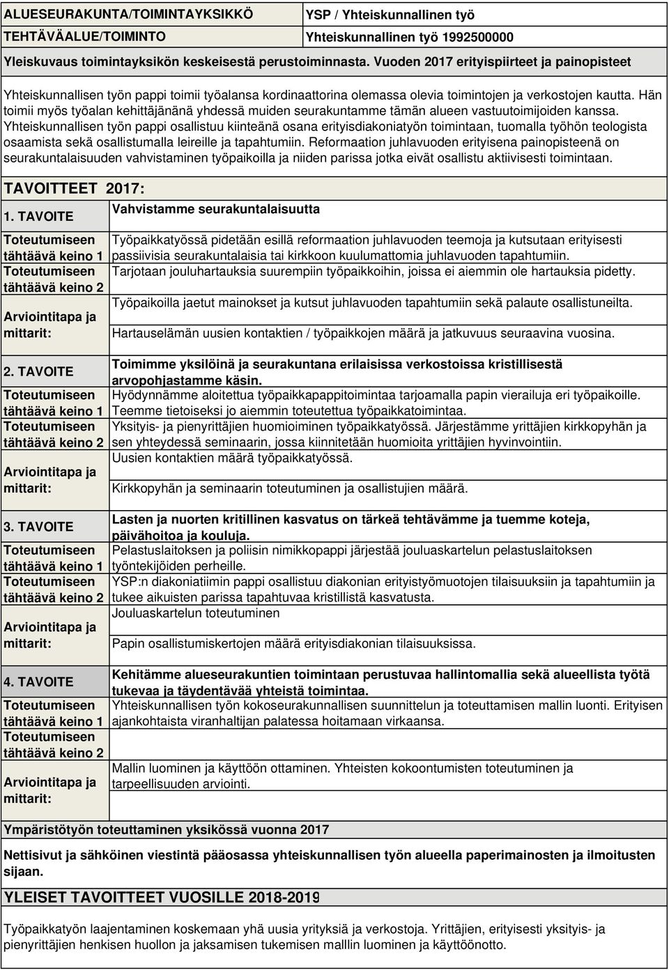 Vuoden 2017 erityispiirteet ja painopisteet Yhteiskunnallisen työn pappi toimii työalansa kordinaattorina olemassa olevia toimintojen ja verkostojen kautta.