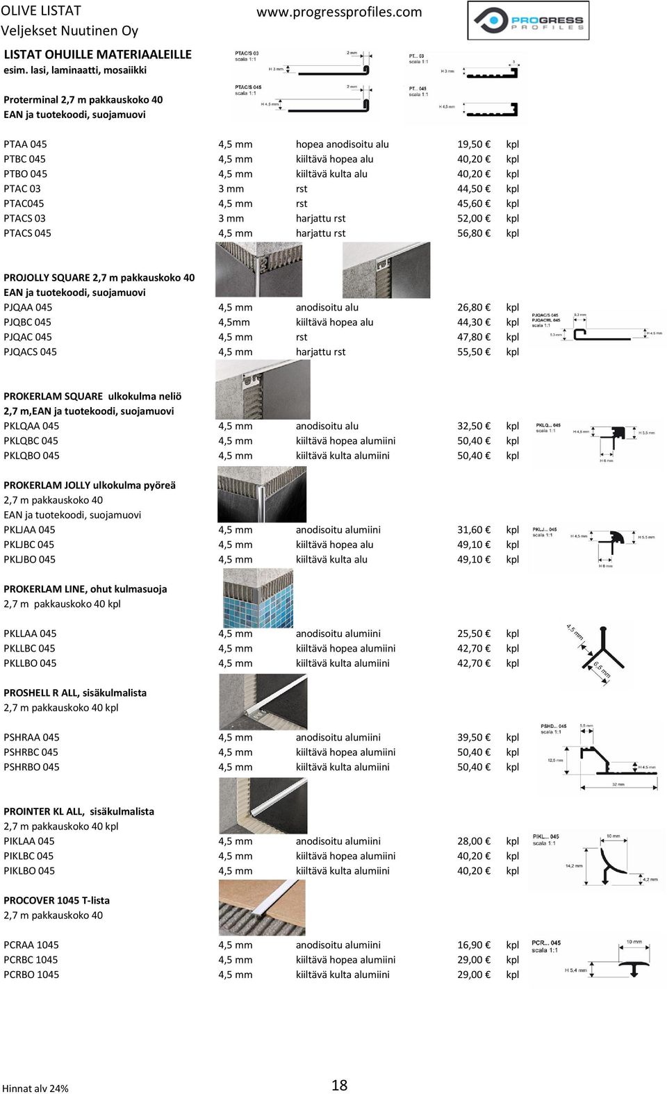 PTAC 03 3 mm rst 44,50 kpl PTAC045 4,5 mm rst 45,60 kpl PTACS 03 3 mm harjattu rst 52,00 kpl PTACS 045 4,5 mm harjattu rst 56,80 kpl PROJOLLY SQUARE 2,7 m pakkauskoko 40 PJQAA 045 4,5 mm anodisoitu