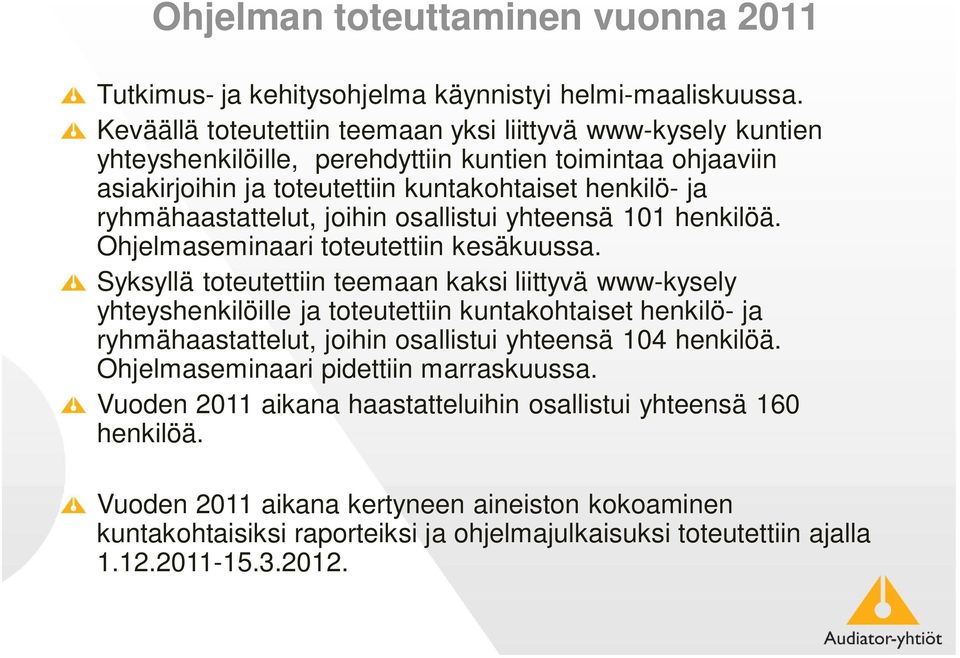 joihin osallistui yhteensä 101 henkilöä. Ohjelmaseminaari toteutettiin kesäkuussa.