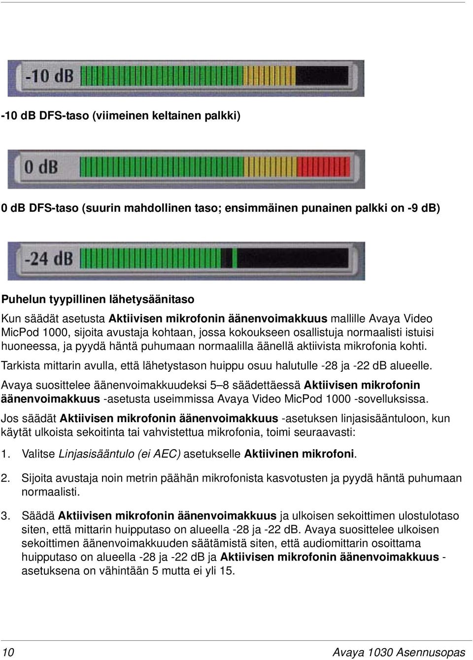 aktiivista mikrofonia kohti. Tarkista mittarin avulla, että lähetystason huippu osuu halutulle -28 ja -22 db alueelle.