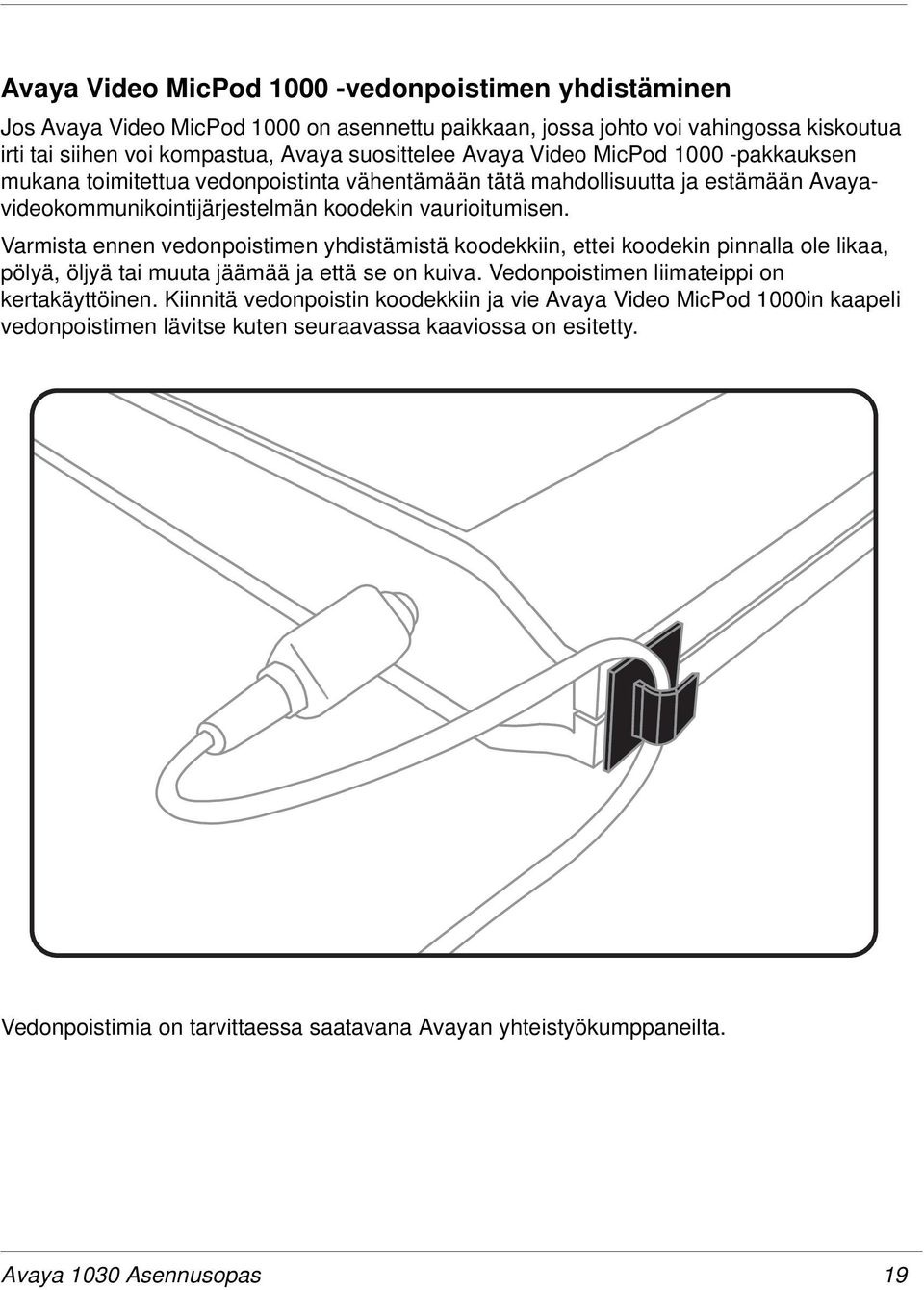 Varmista ennen vedonpoistimen yhdistämistä koodekkiin, ettei koodekin pinnalla ole likaa, pölyä, öljyä tai muuta jäämää ja että se on kuiva. Vedonpoistimen liimateippi on kertakäyttöinen.