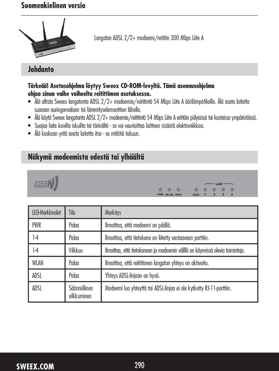 Älä käytä Sweex langatonta ADSL 2/2+ modeemia/reititintä 54 Mbps Liite A erittäin pölyisissä tai kosteissa ympäristöissä.