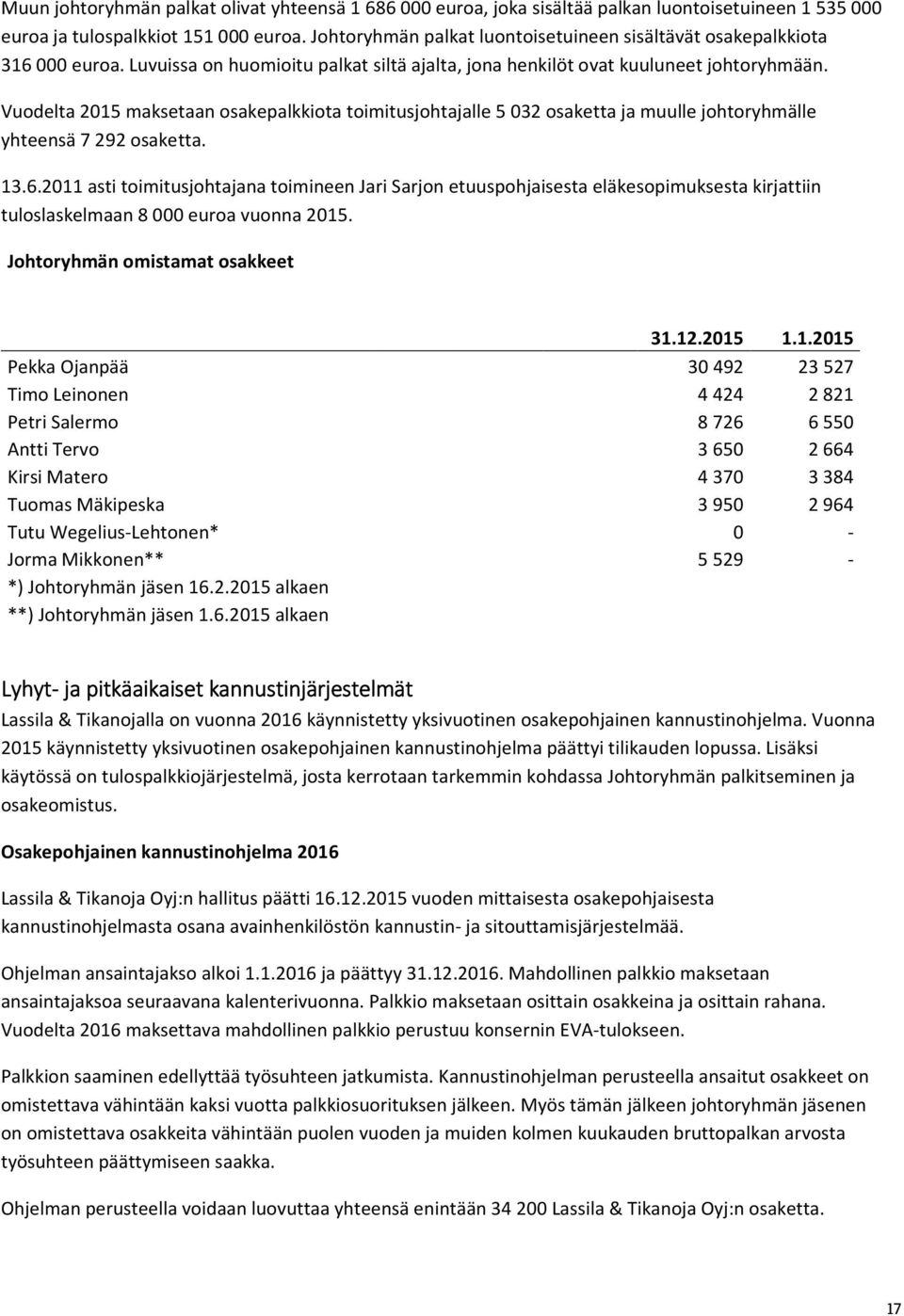 Vuodelta 2015 maksetaan osakepalkkiota toimitusjohtajalle 5 032 osaketta ja muulle johtoryhmälle yhteensä 7 292 osaketta. 13.6.