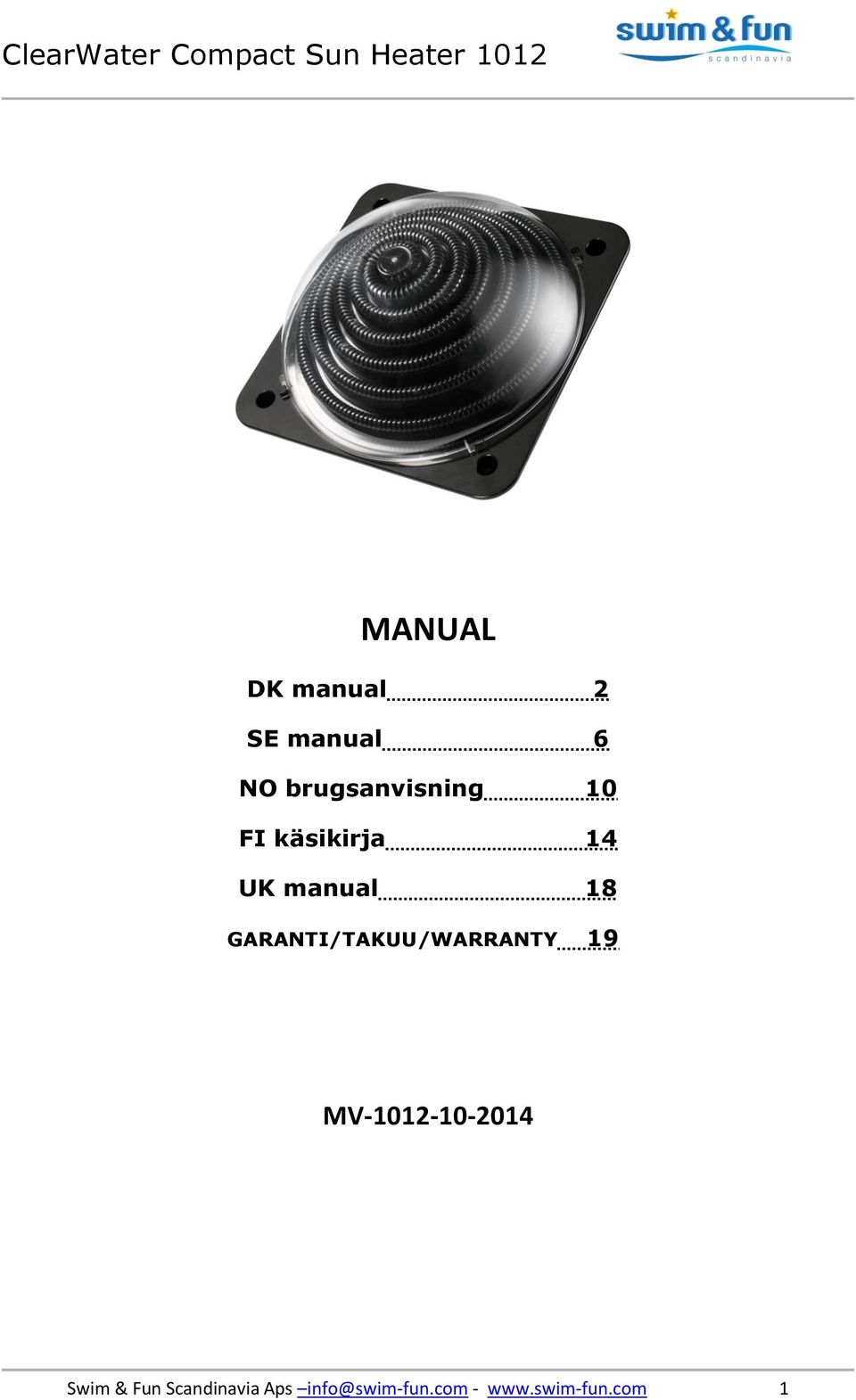 GARANTI/TAKUU/WARRANTY 19 MV-1012-10-2014 Swim