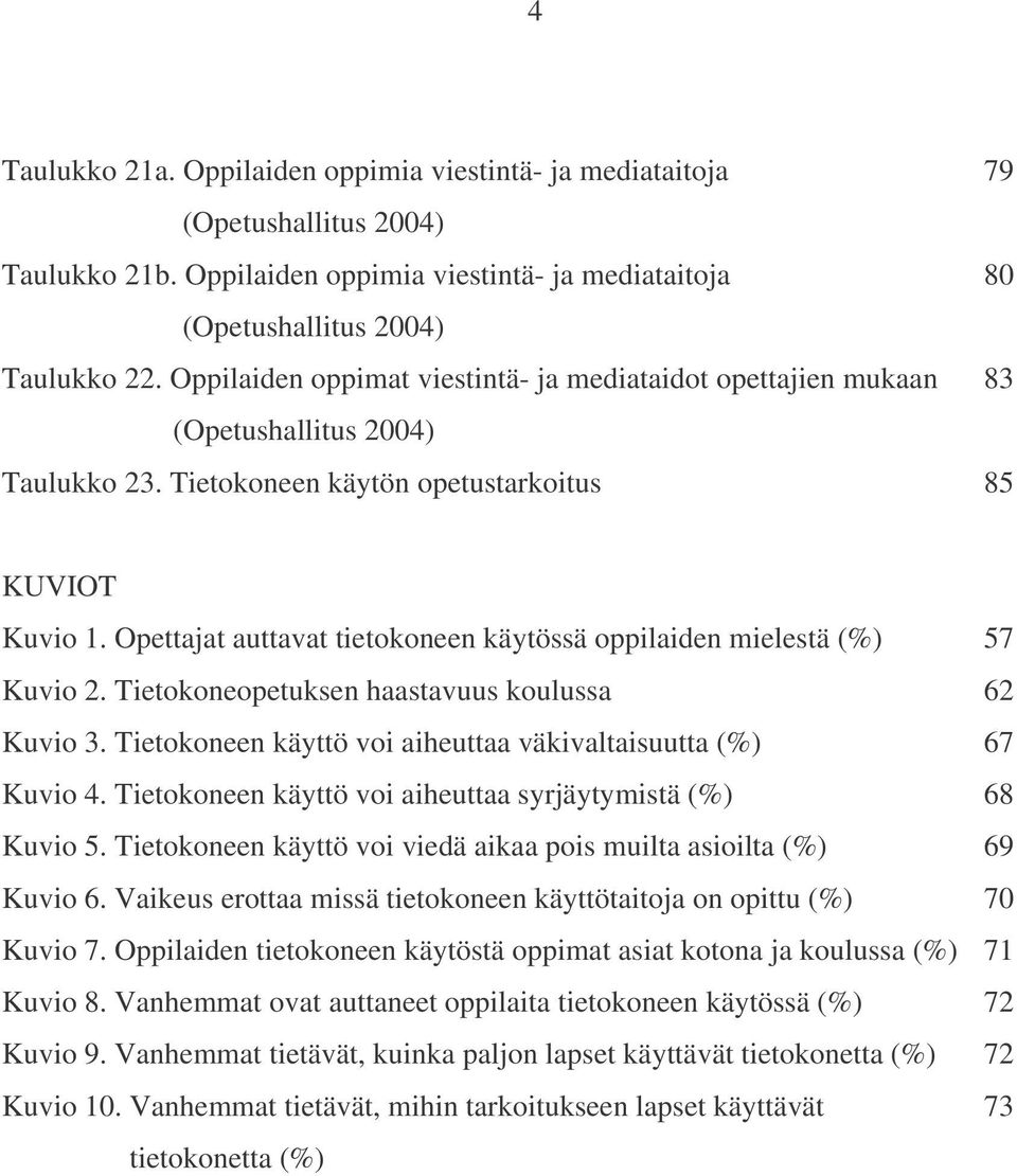 Opettajat auttavat tietokoneen käytössä oppilaiden mielestä (%) 57 Kuvio 2. Tietokoneopetuksen haastavuus koulussa 62 Kuvio 3. Tietokoneen käyttö voi aiheuttaa väkivaltaisuutta (%) 67 Kuvio 4.